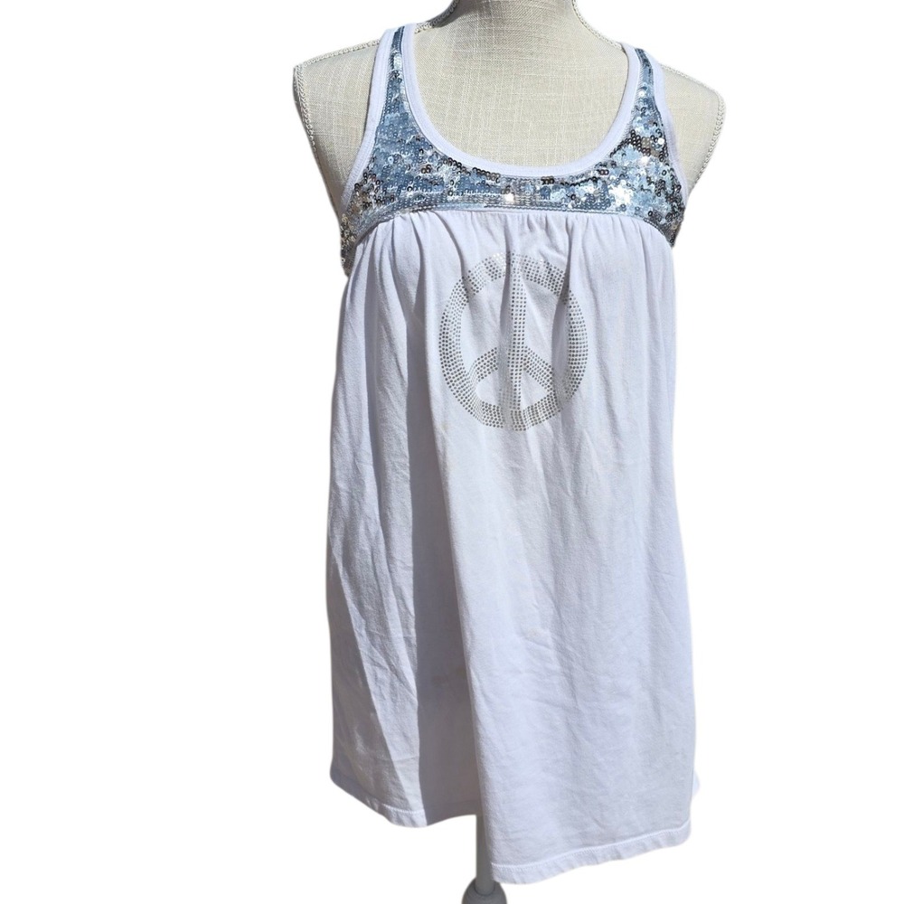 Sequin Tank Top Peace Sign Sleeveless Casual Summer White Racerback